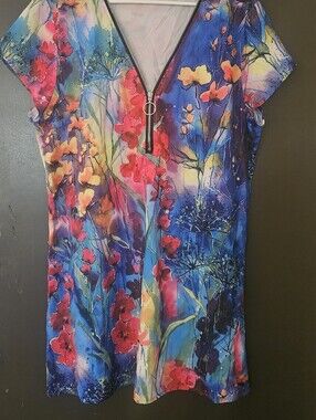 Women's Floral Zip-Front Tunic Top - Multicolor Blue & Red